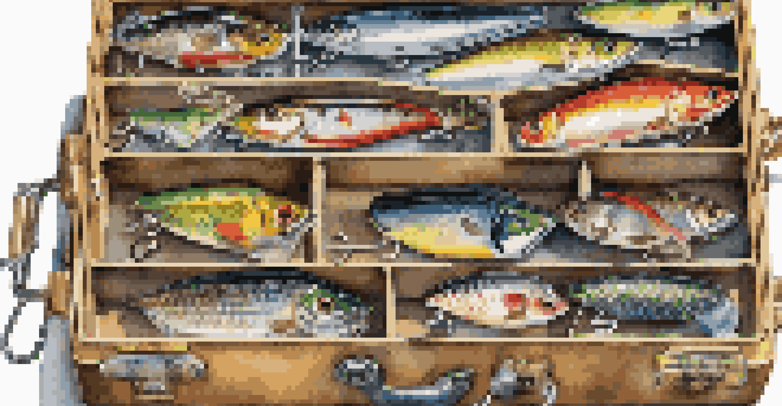 A close-up of a colorful fishing tackle box filled with organized lures and hooks against a blurred natural backdrop.