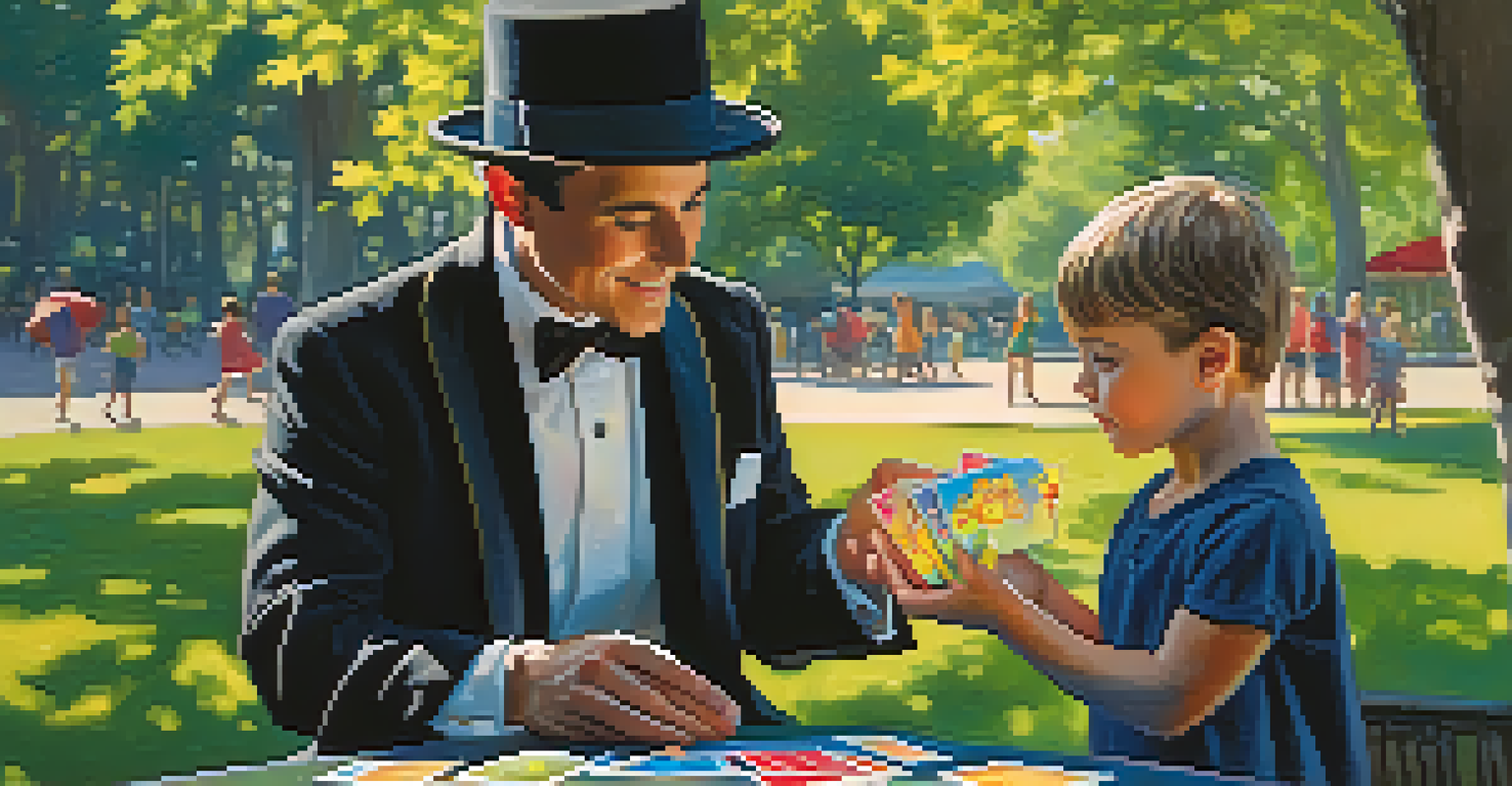 A close-up of a magician performing a card trick for a child in a park, surrounded by greenery and soft sunlight.