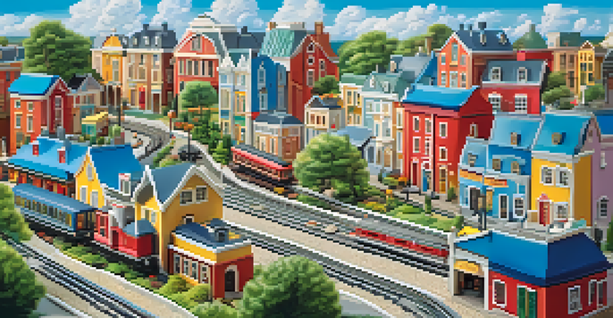 A colorful miniature town with tiny trains, detailed buildings, and small figures in a vibrant landscape.
