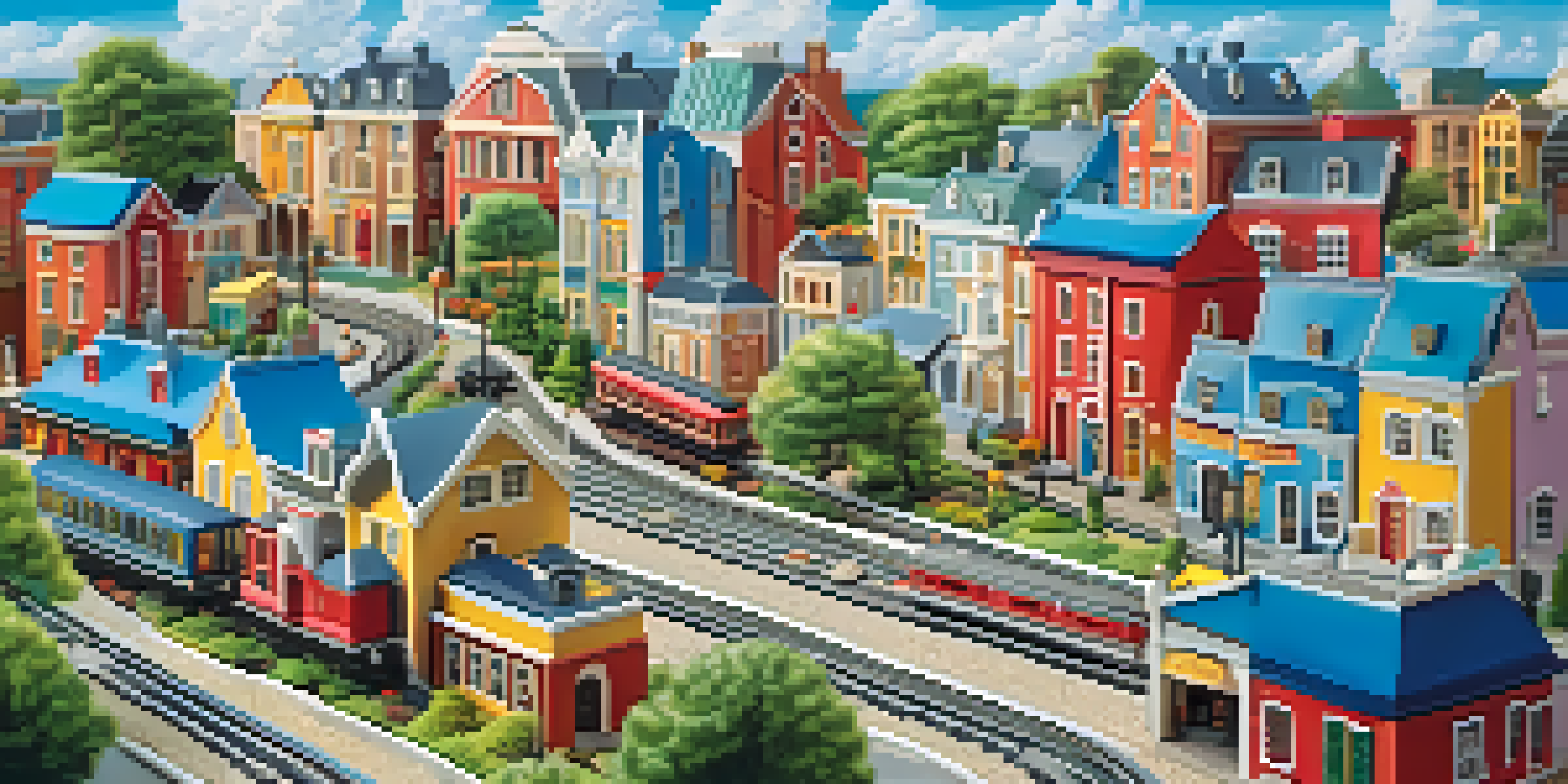 A colorful miniature town with tiny trains, detailed buildings, and small figures in a vibrant landscape.