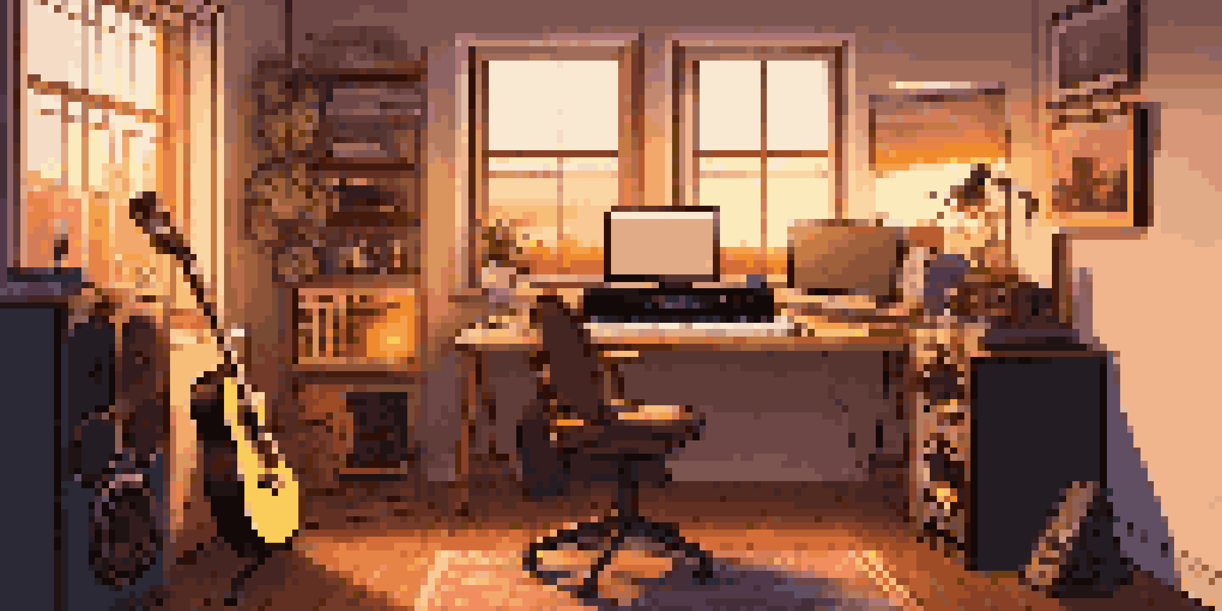 A home music studio with an acoustic guitar, computer, and sunset lighting.
