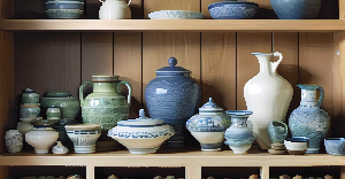 A well-lit room displaying a variety of pottery pieces including earthenware, stoneware, and porcelain, arranged on wooden shelves with plants and textiles.