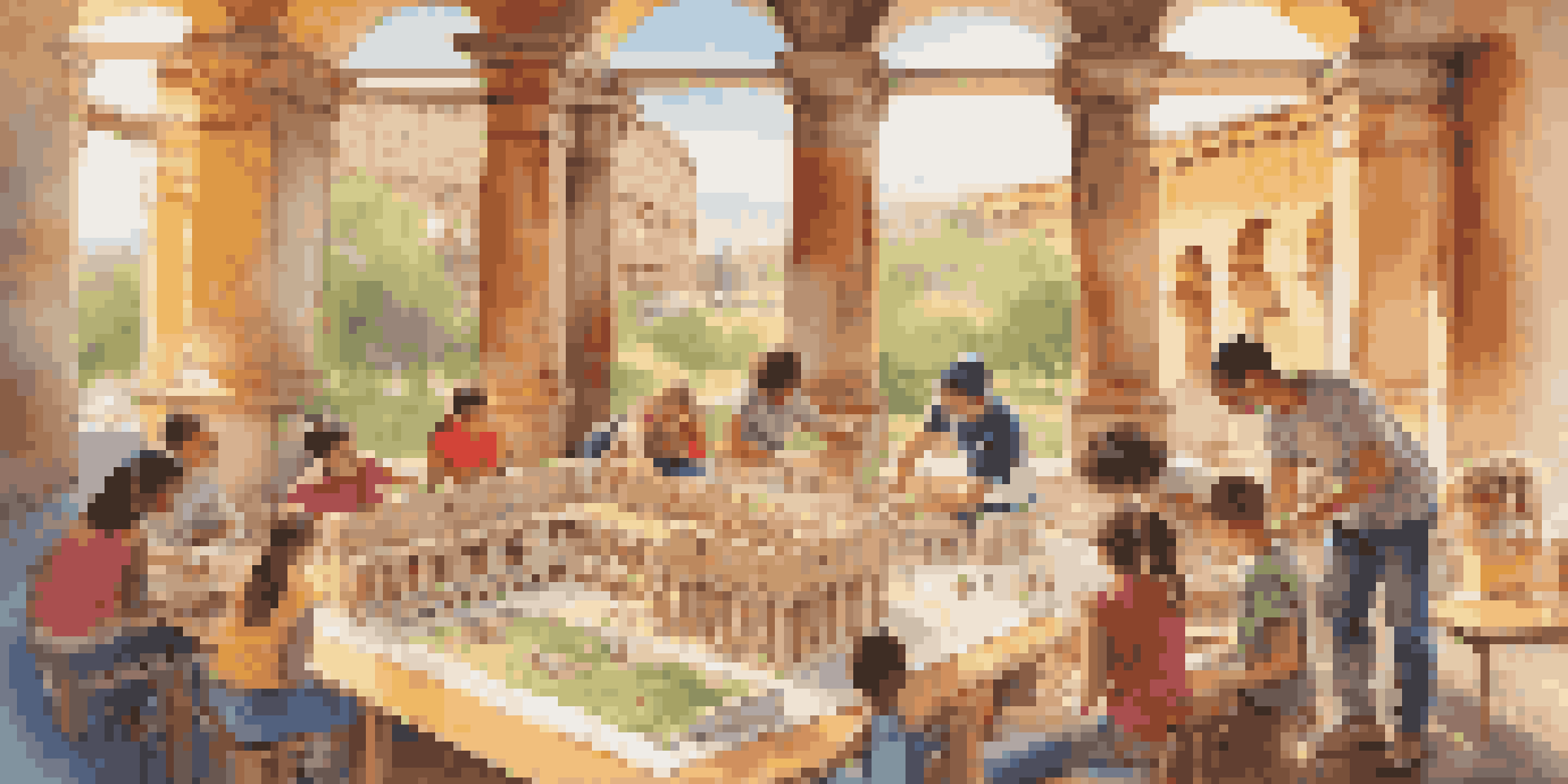 A classroom filled with students working together on a scale model of the Colosseum, showcasing diversity and teamwork in a bright and colorful environment.