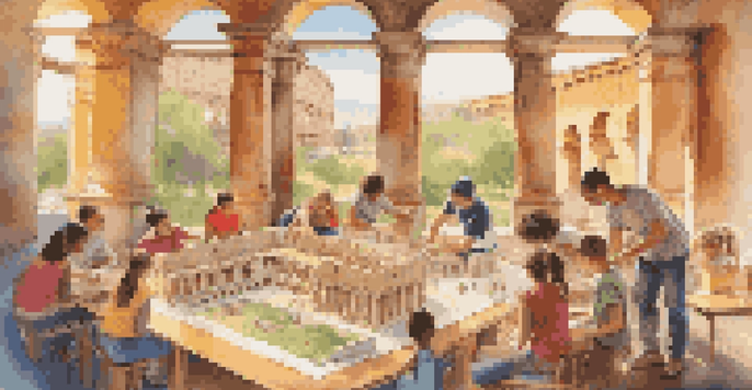 A classroom filled with students working together on a scale model of the Colosseum, showcasing diversity and teamwork in a bright and colorful environment.