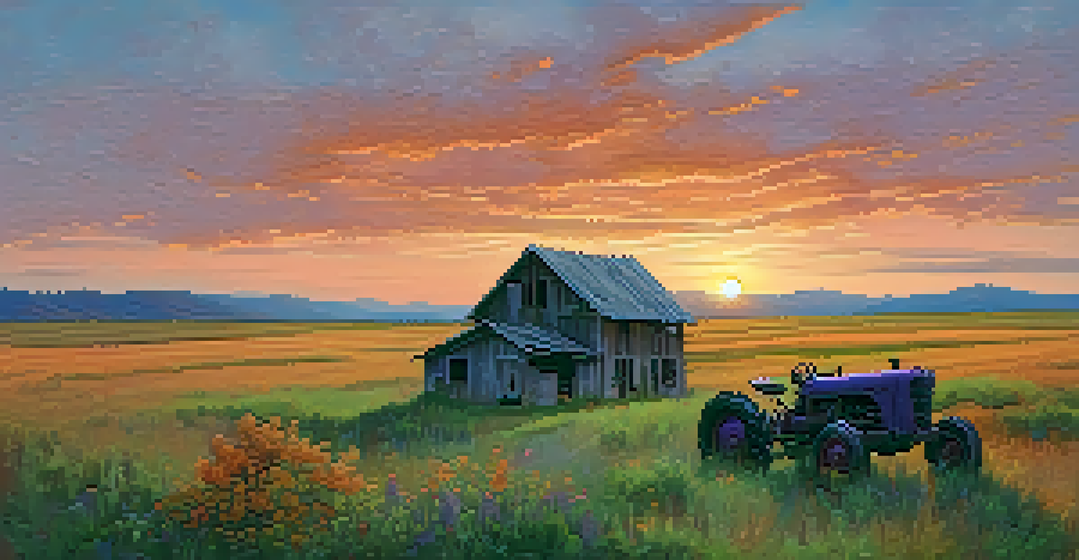 An abandoned farmhouse surrounded by wildflowers in a field, with a sunset sky of vibrant orange and pink hues.