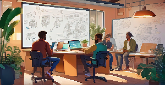 A diverse group of game developers brainstorming in a cozy office, surrounded by sketches and notes on a whiteboard.