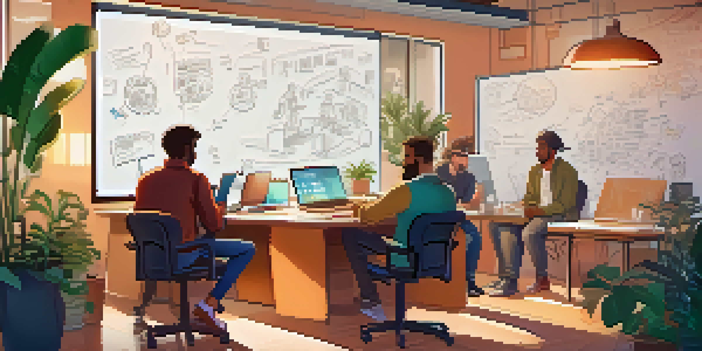 A diverse group of game developers brainstorming in a cozy office, surrounded by sketches and notes on a whiteboard.