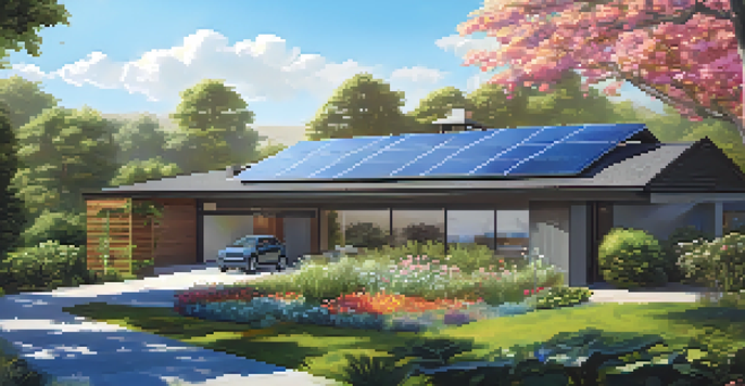 A solar panel installation on a house roof with greenery and flowers around it, representing renewable energy.