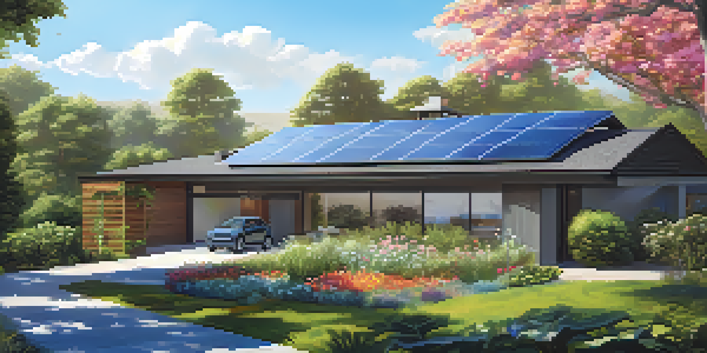 A solar panel installation on a house roof with greenery and flowers around it, representing renewable energy.