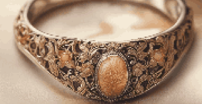 A close-up of a floral-themed jewelry piece with intricate details, showcased in soft lighting and warm colors.