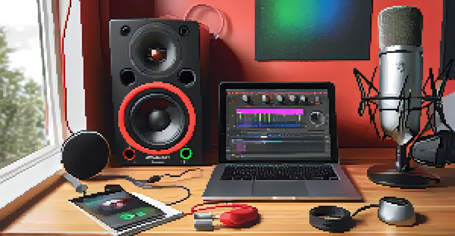 An audio interface, laptop, microphone, and organized workspace with natural light.