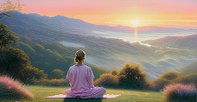 A person meditating on a grassy hilltop at sunrise, surrounded by mist and pastel colors in the sky.