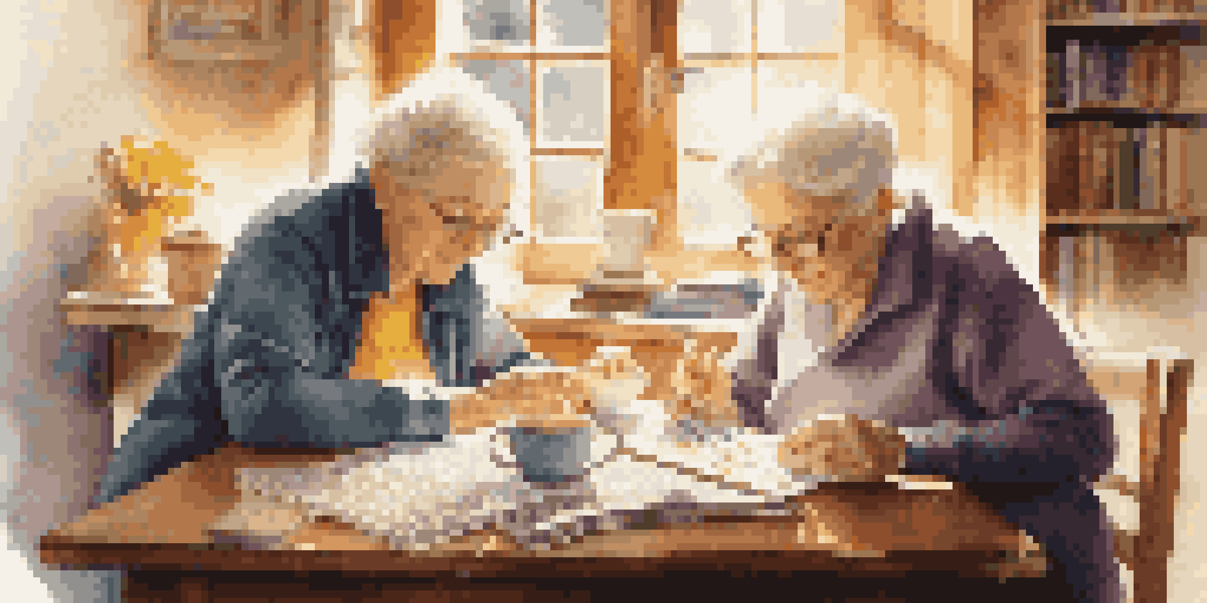An elderly couple working together on a crossword puzzle at a wooden table, with a cup of tea and a bookshelf in a sunlit room.
