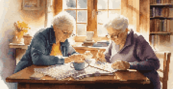 An elderly couple working together on a crossword puzzle at a wooden table, with a cup of tea and a bookshelf in a sunlit room.