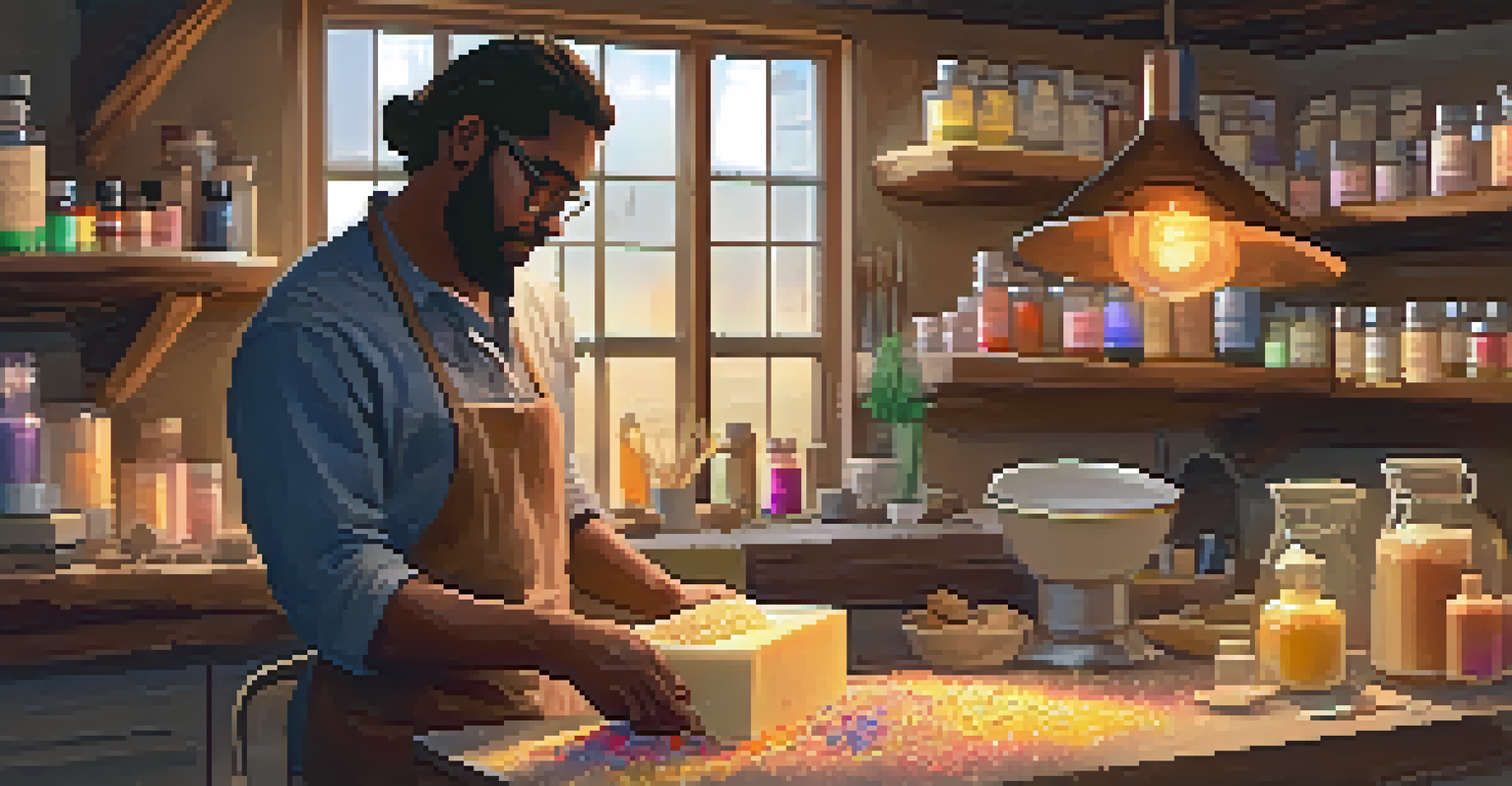 An artisan soap maker pouring a colorful soap mixture into a mold in a cozy workshop, surrounded by natural ingredients and warm lighting.