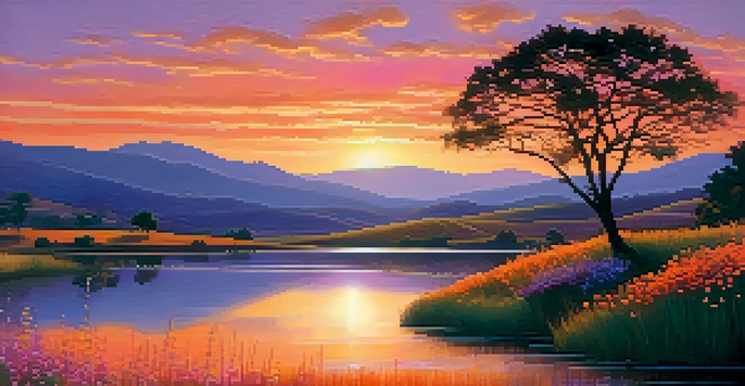 A beautiful landscape during sunset with vibrant colors in the sky, a tranquil lake, wildflowers in the foreground, and a silhouette of a tree.