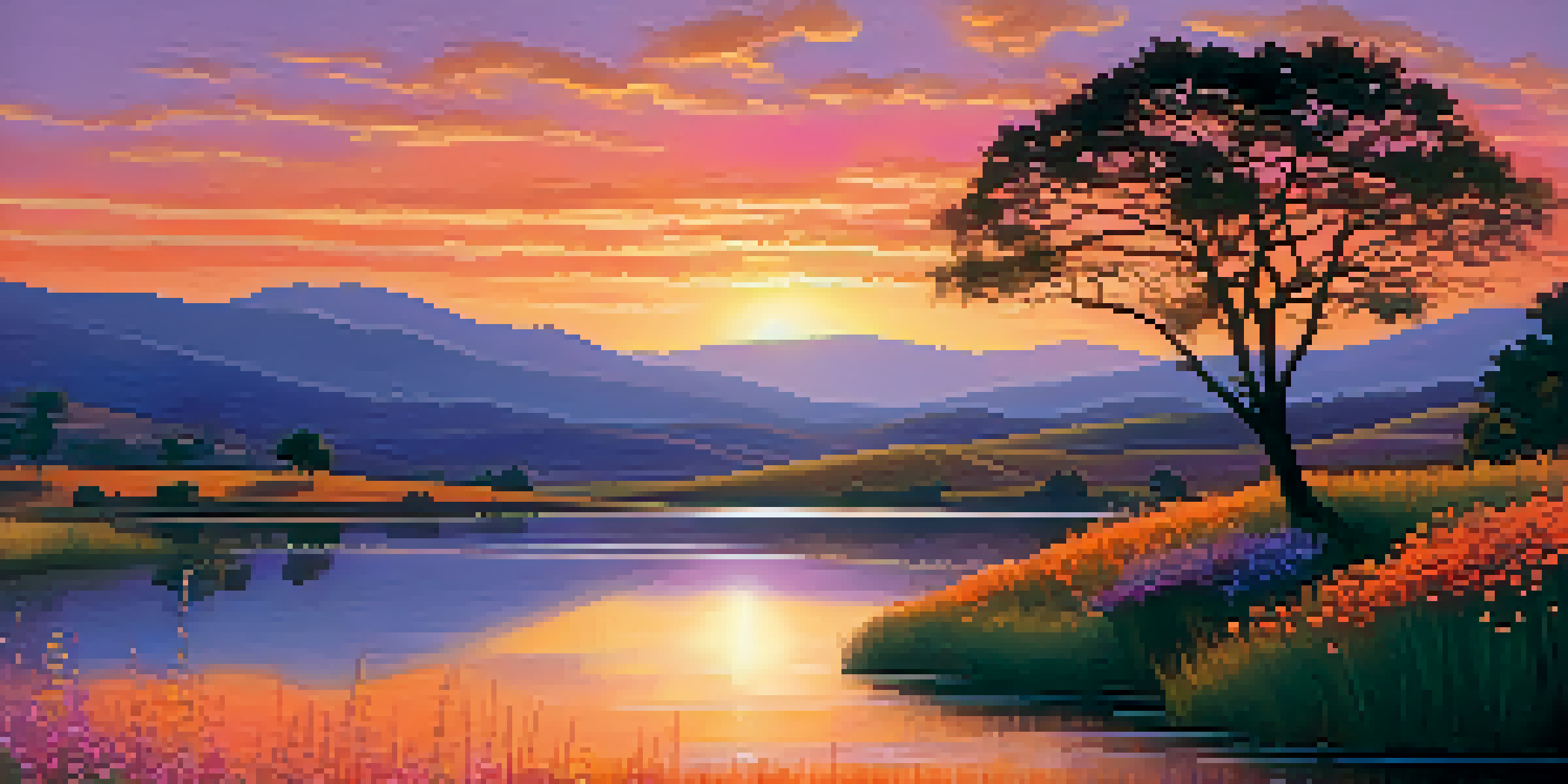 A beautiful landscape during sunset with vibrant colors in the sky, a tranquil lake, wildflowers in the foreground, and a silhouette of a tree.