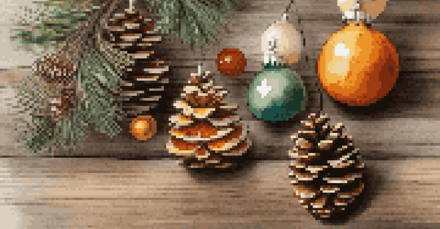 A close-up view of colorful DIY ornaments made from pinecones, twigs, and dried orange slices on a rustic wooden table.