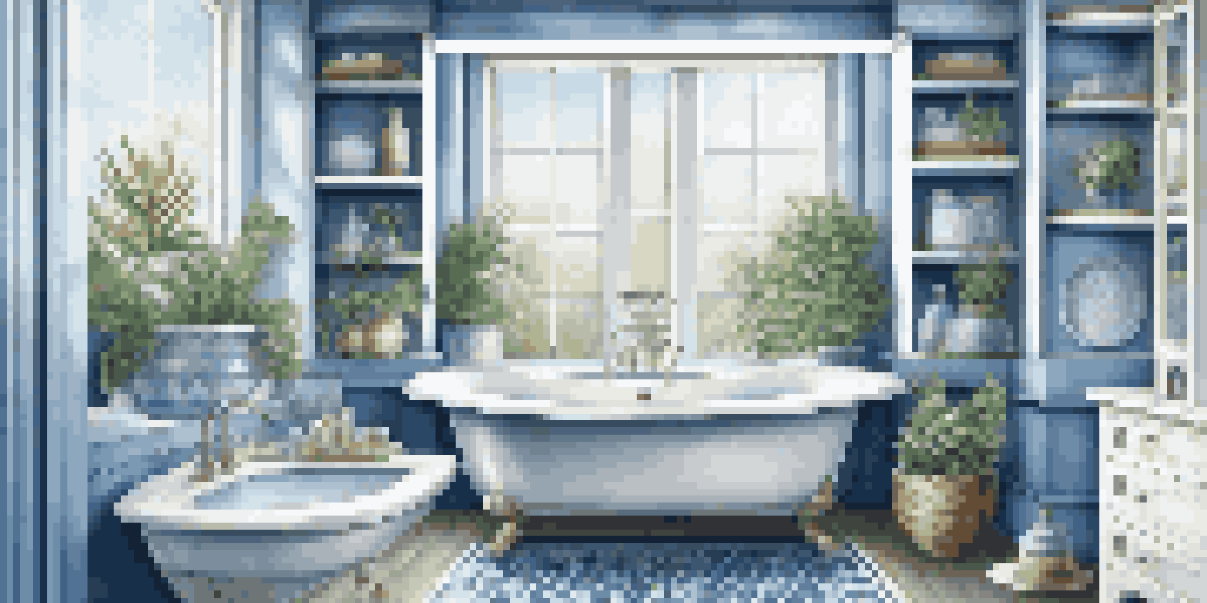 A serene bathroom with water-resistant tiles in blue and white, natural light, and decorative plants.