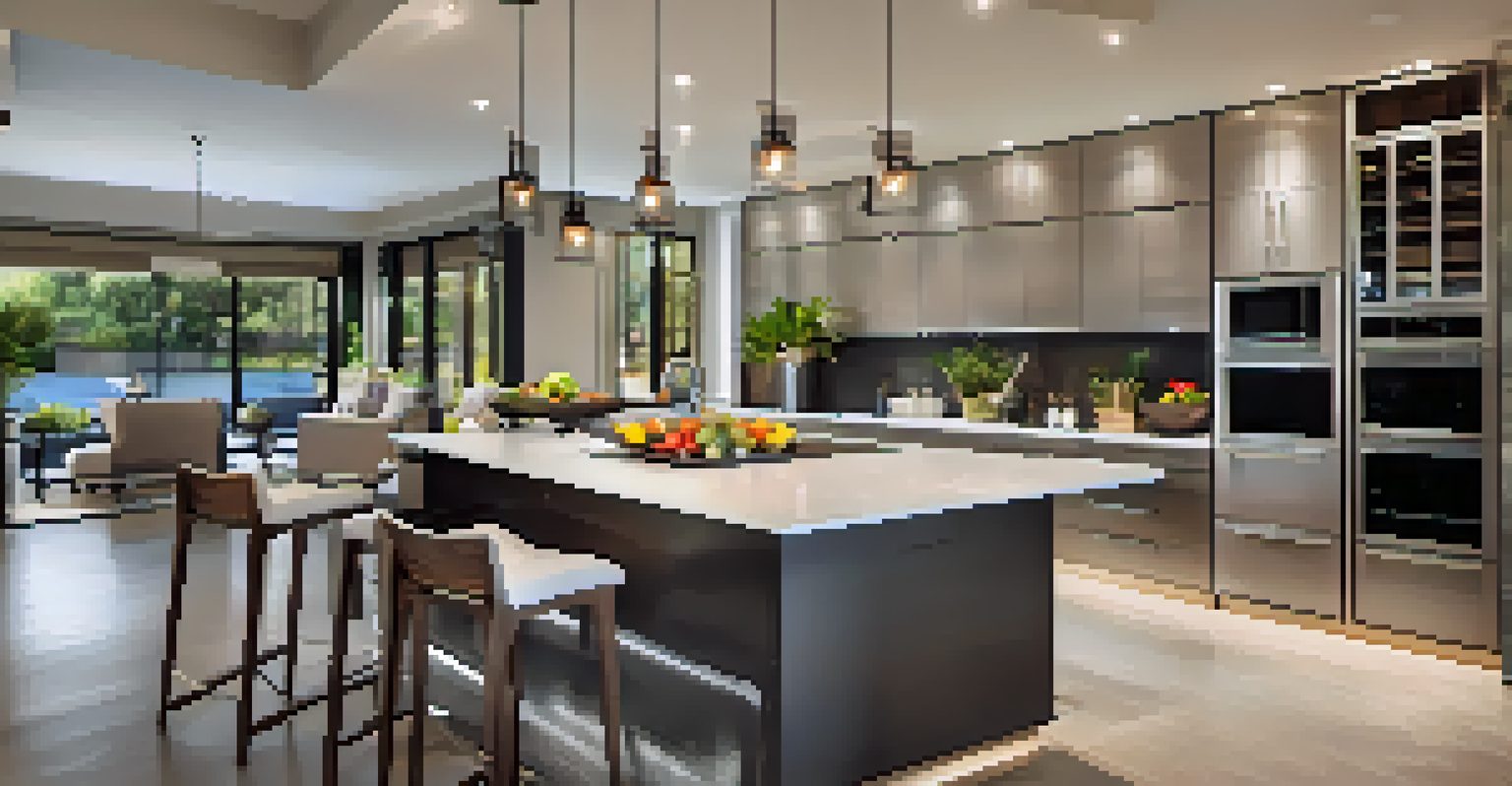 A stylish kitchen with quartz countertops, sleek cabinetry, and ambient lighting, featuring fresh fruits and bar stools.