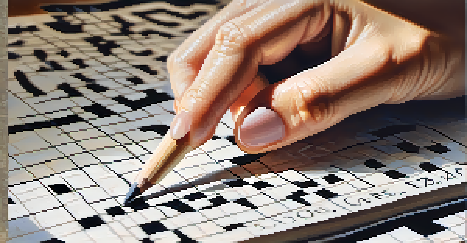 A close-up of a hand holding a pencil above a crossword puzzle grid, with a blurred background of a coffee cup and sunlight.
