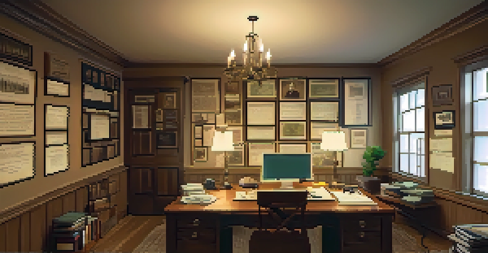 A cozy vintage study room filled with genealogy research materials including old family photos and a glowing laptop.