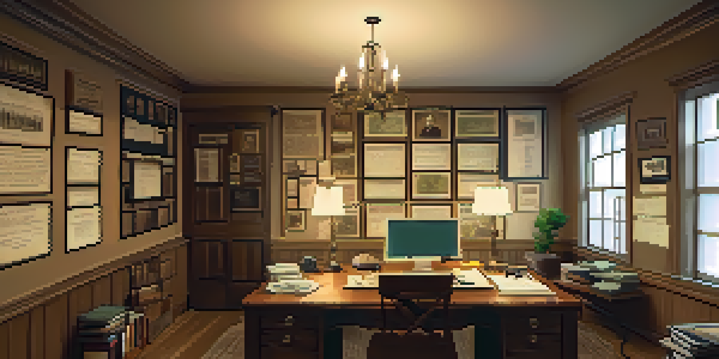 A cozy vintage study room filled with genealogy research materials including old family photos and a glowing laptop.