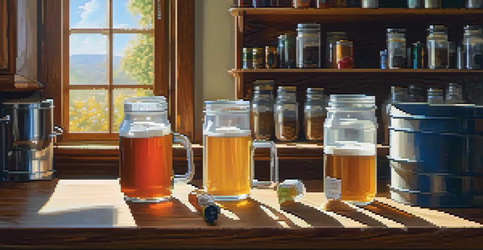 A home brewing kit with ingredients like malt extract, hops, and yeast displayed on a wooden countertop, illuminated by sunlight.