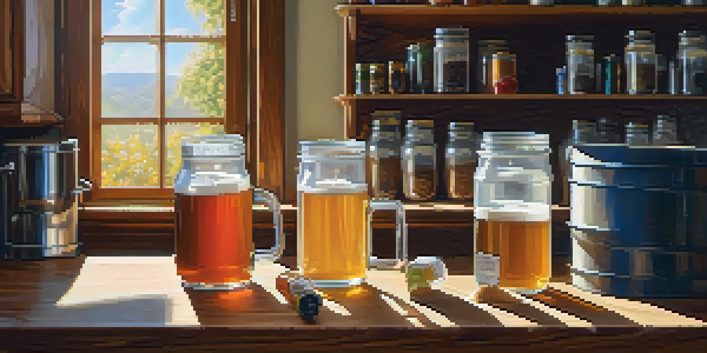 A home brewing kit with ingredients like malt extract, hops, and yeast displayed on a wooden countertop, illuminated by sunlight.