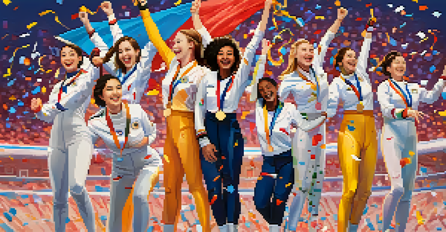 A group of female fencers celebrating with medals on a podium, smiling together.