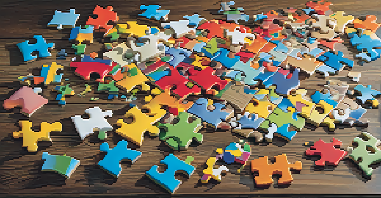 An assortment of colorful jigsaw puzzle pieces scattered on a wooden table, with some pieces connected and natural light illuminating them.