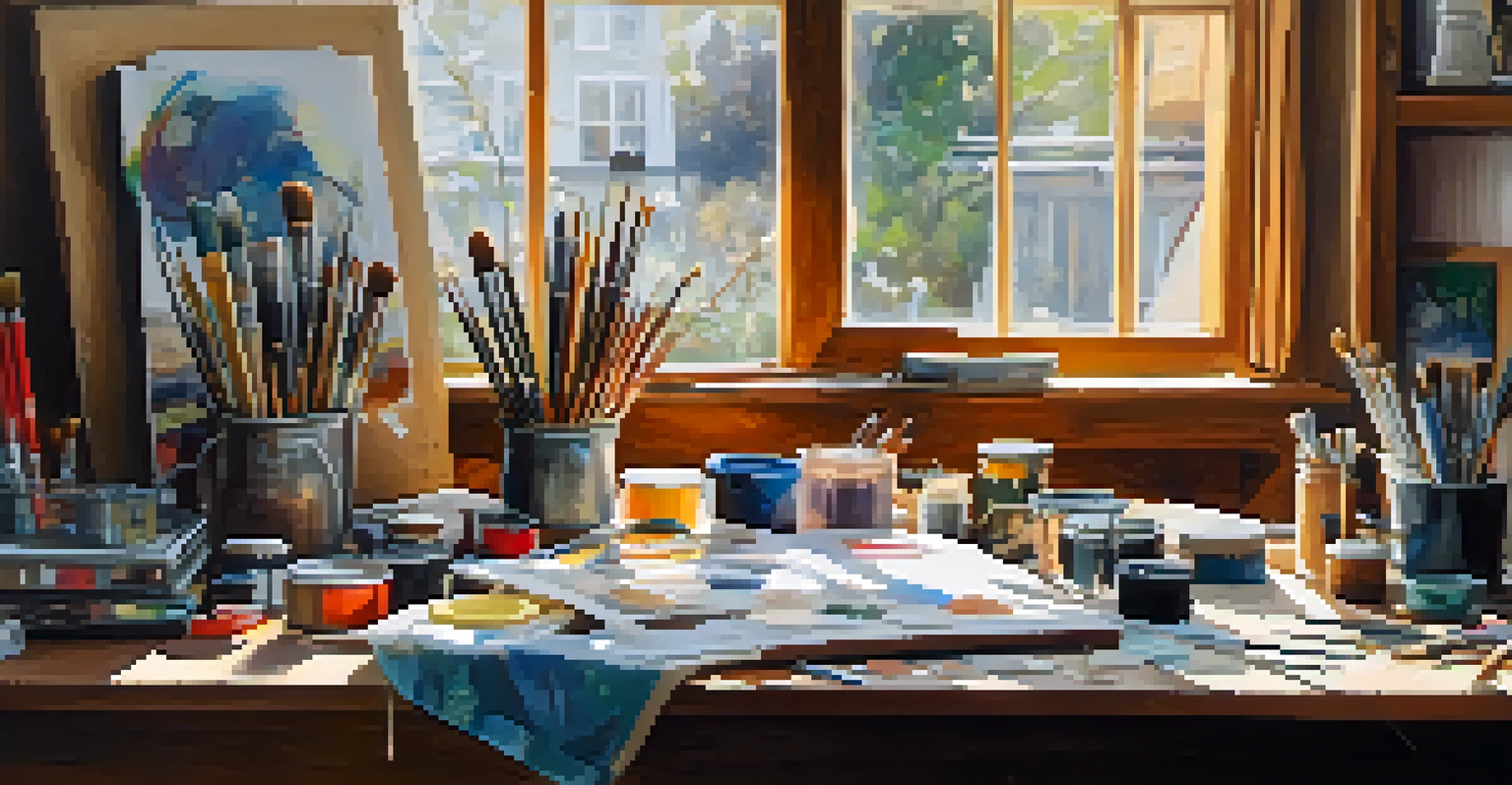 An artist's workspace with paints, brushes, fabric, and found objects, illuminated by warm light, depicting a creative environment.