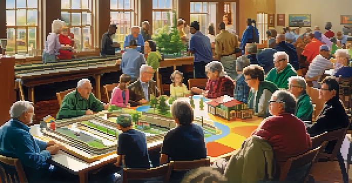 A group of diverse individuals engaged in a model train club meeting, surrounded by colorful train layouts and warm sunlight.