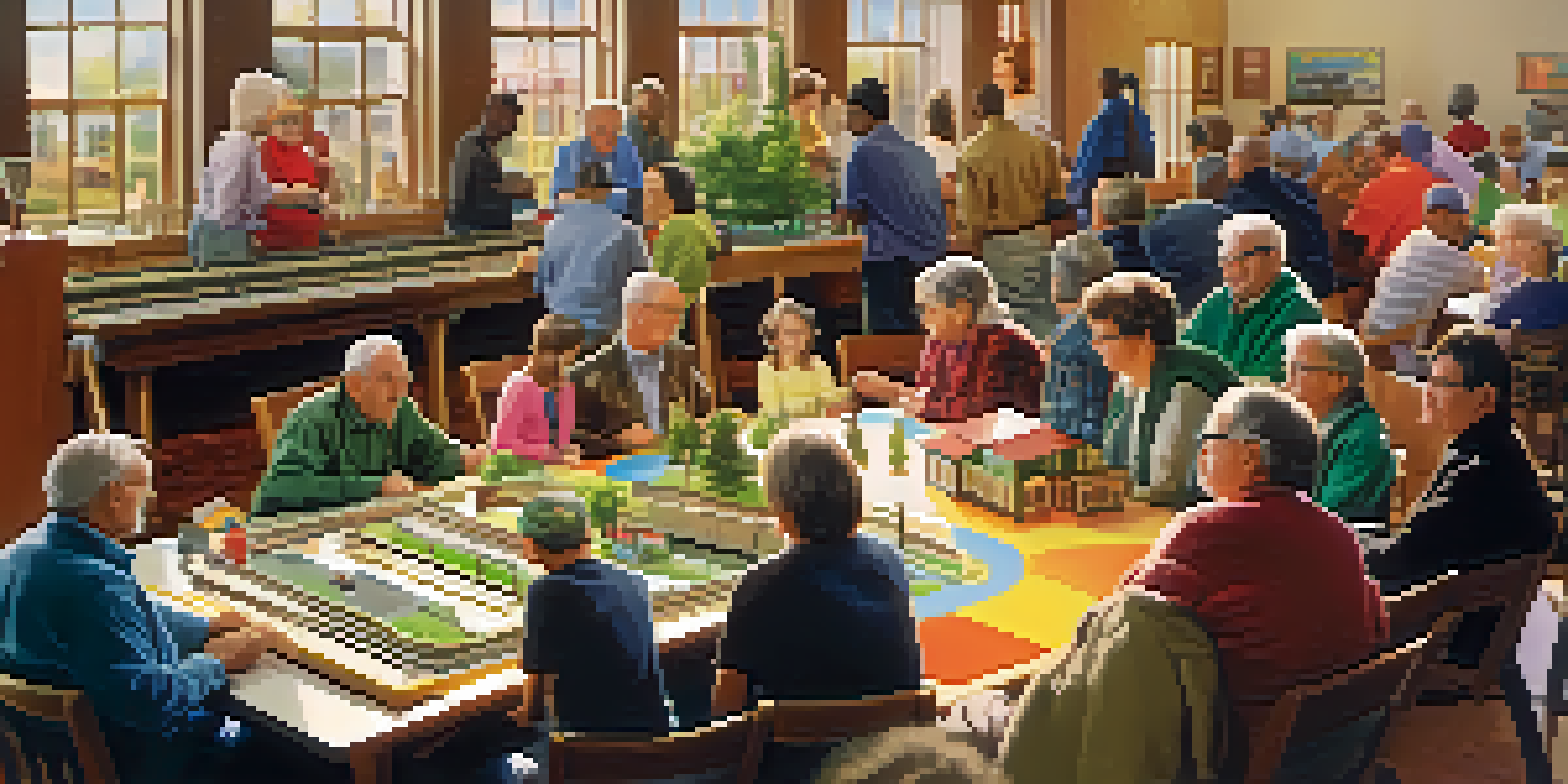 A group of diverse individuals engaged in a model train club meeting, surrounded by colorful train layouts and warm sunlight.