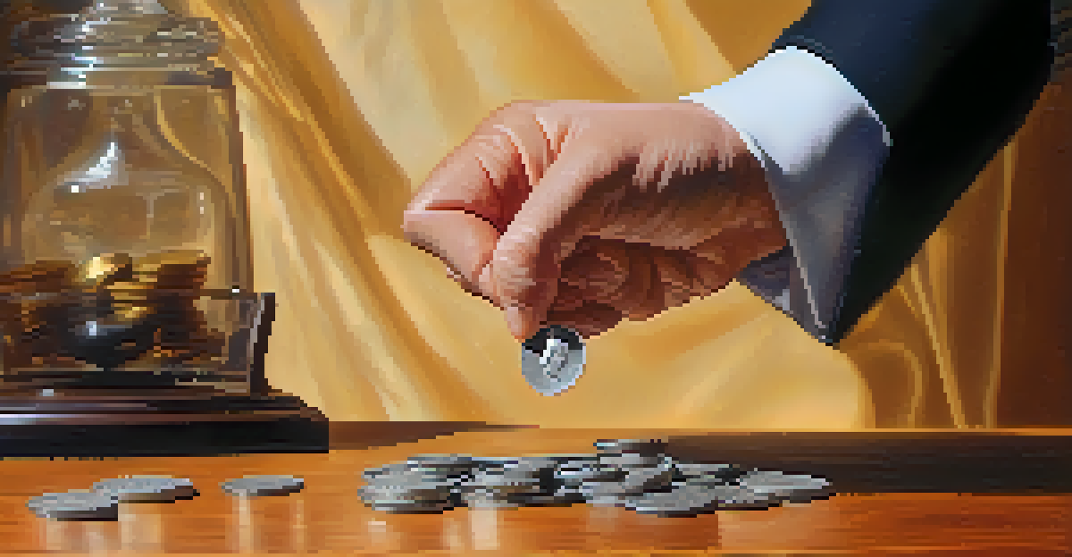 A magician's hands holding a coin mid-air, with a blurred background of a wooden table and soft lighting.