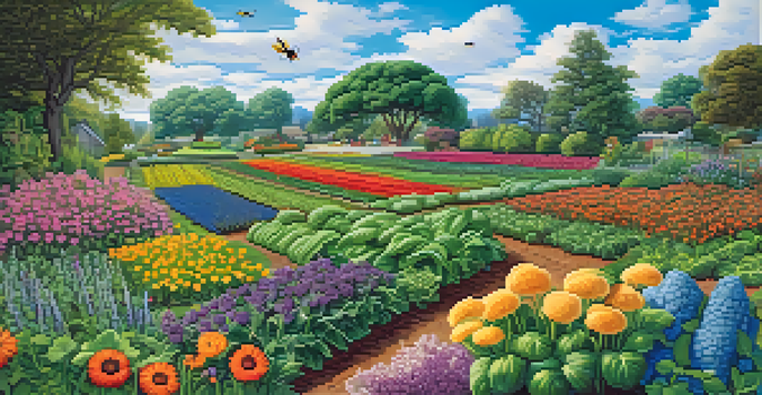 A diverse garden with various crops and flowers, demonstrating crop rotation and attracting pollinators.
