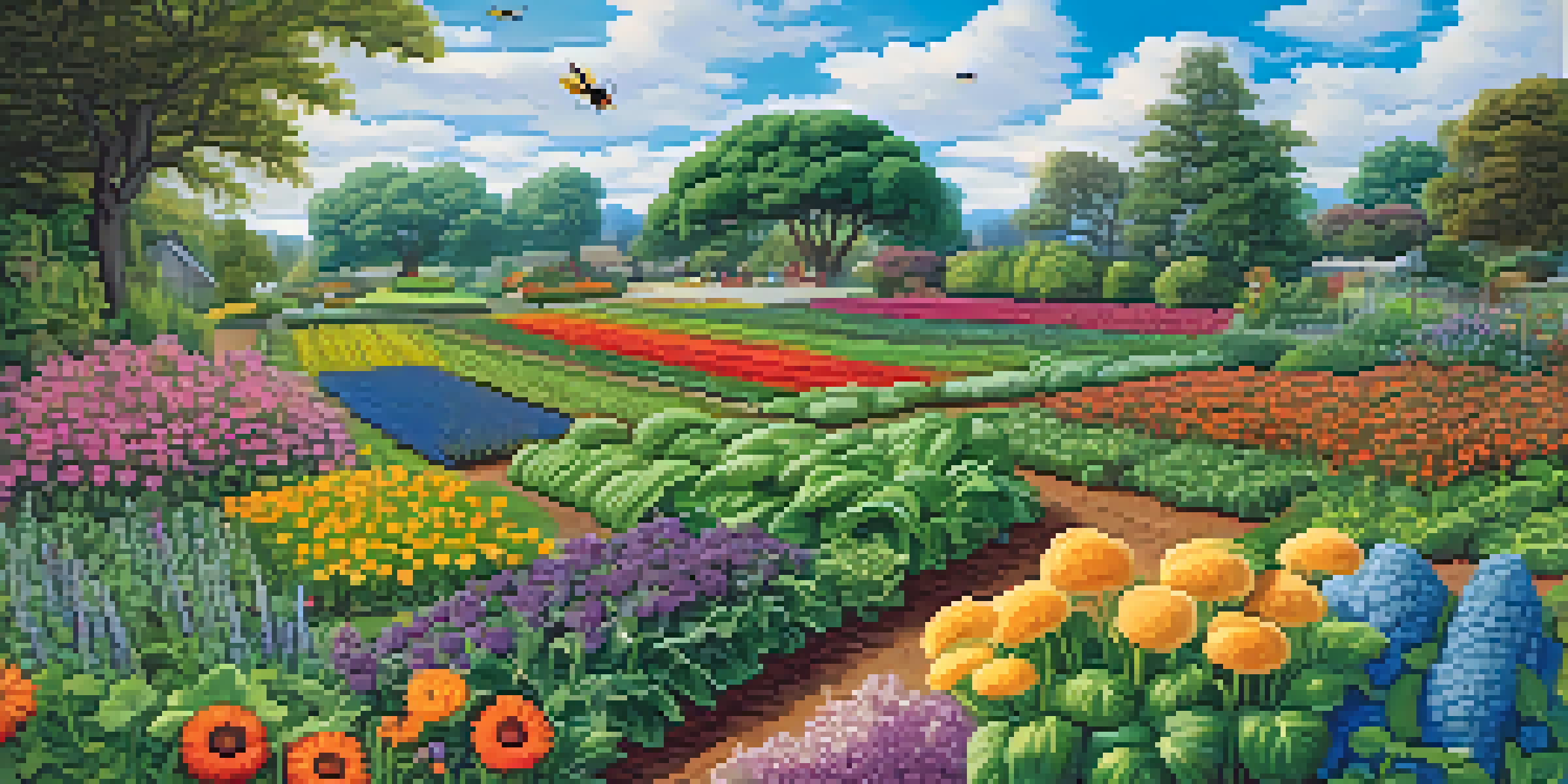 A diverse garden with various crops and flowers, demonstrating crop rotation and attracting pollinators.