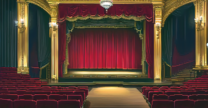A warm and inviting theater interior featuring red seats and a golden chandelier, with stage lights illuminating a dramatic backdrop.