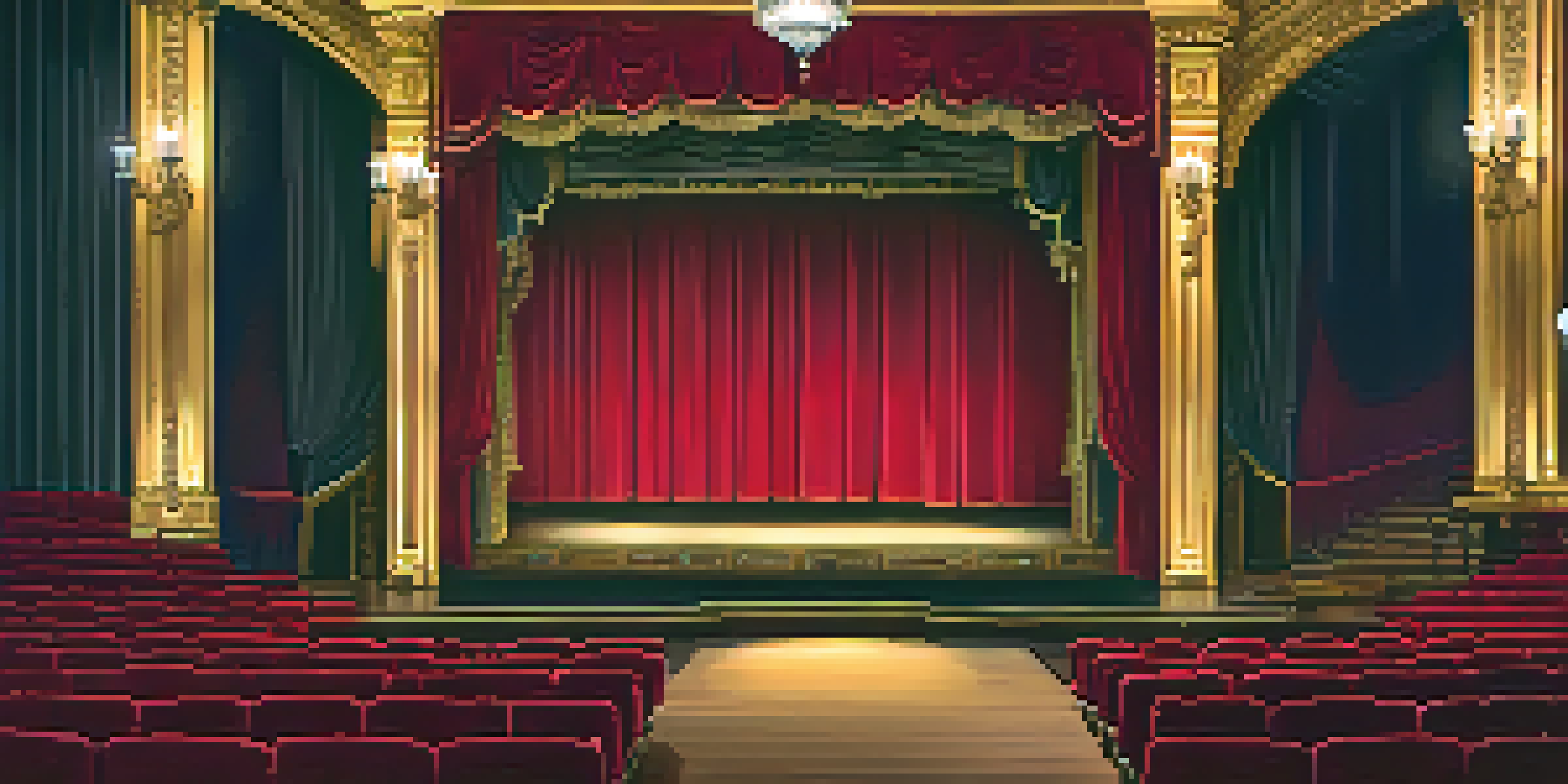 A warm and inviting theater interior featuring red seats and a golden chandelier, with stage lights illuminating a dramatic backdrop.