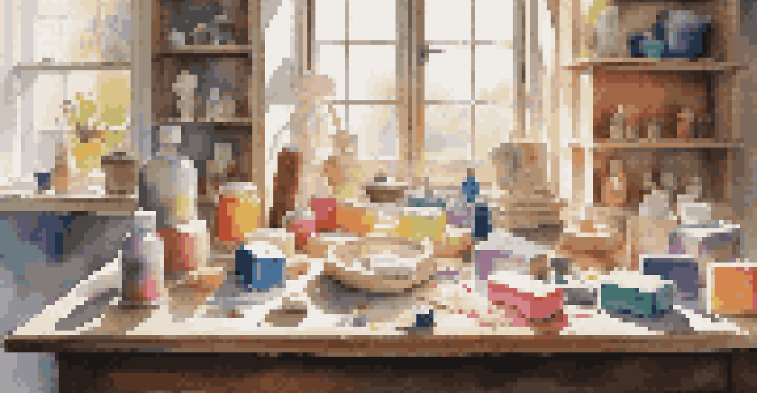 A creative workspace with soap sculpting tools, molds, and colorful soap bases, illuminated by natural light.
