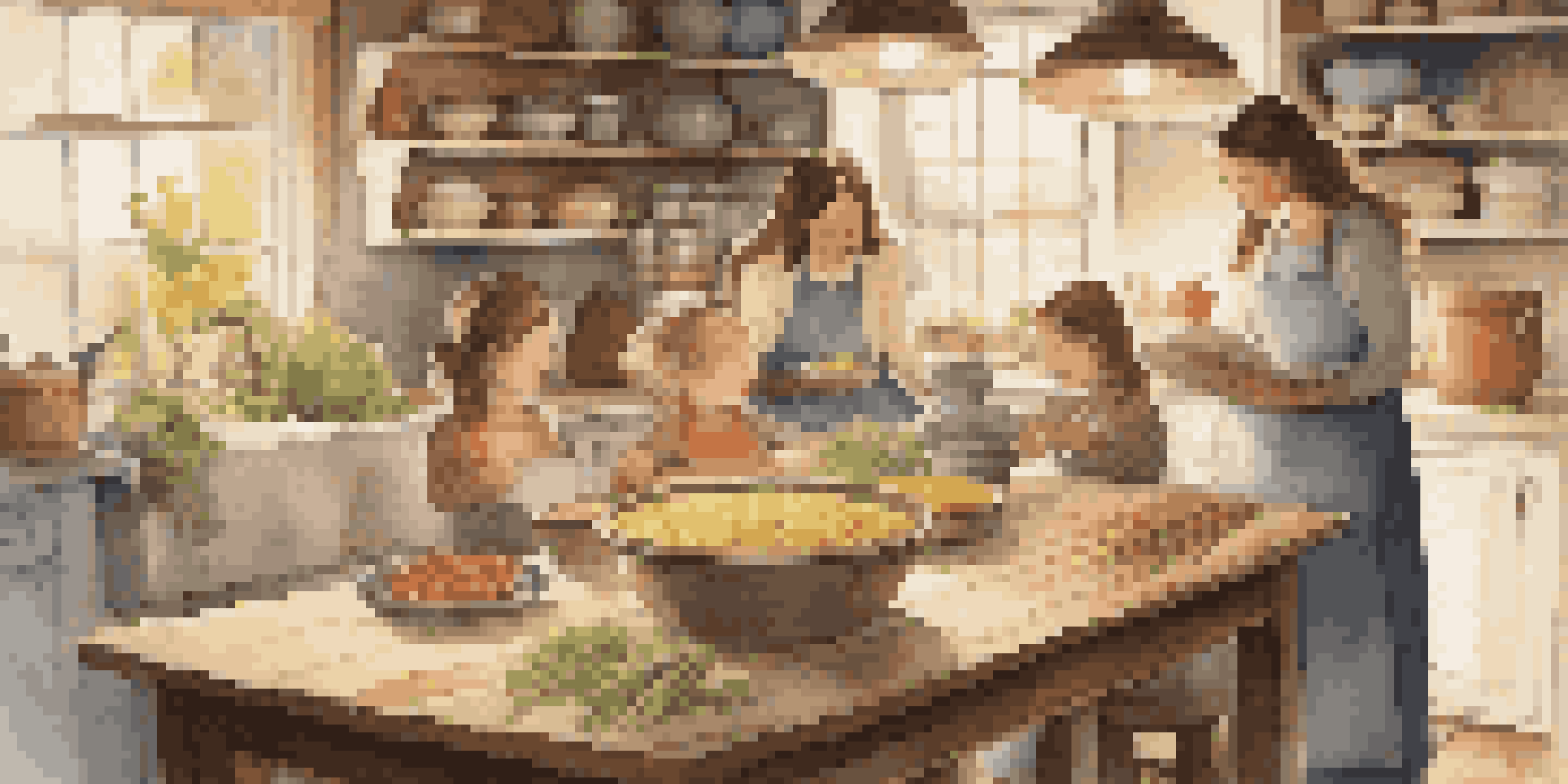 A family cooking together in a cozy kitchen, surrounded by fresh ingredients and a vintage cookbook.
