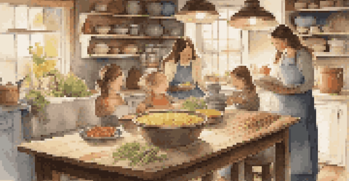 A family cooking together in a cozy kitchen, surrounded by fresh ingredients and a vintage cookbook.