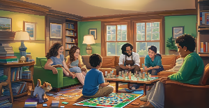 A family of various ages gathered around a table playing board games in a cozy living room, filled with laughter and warmth.