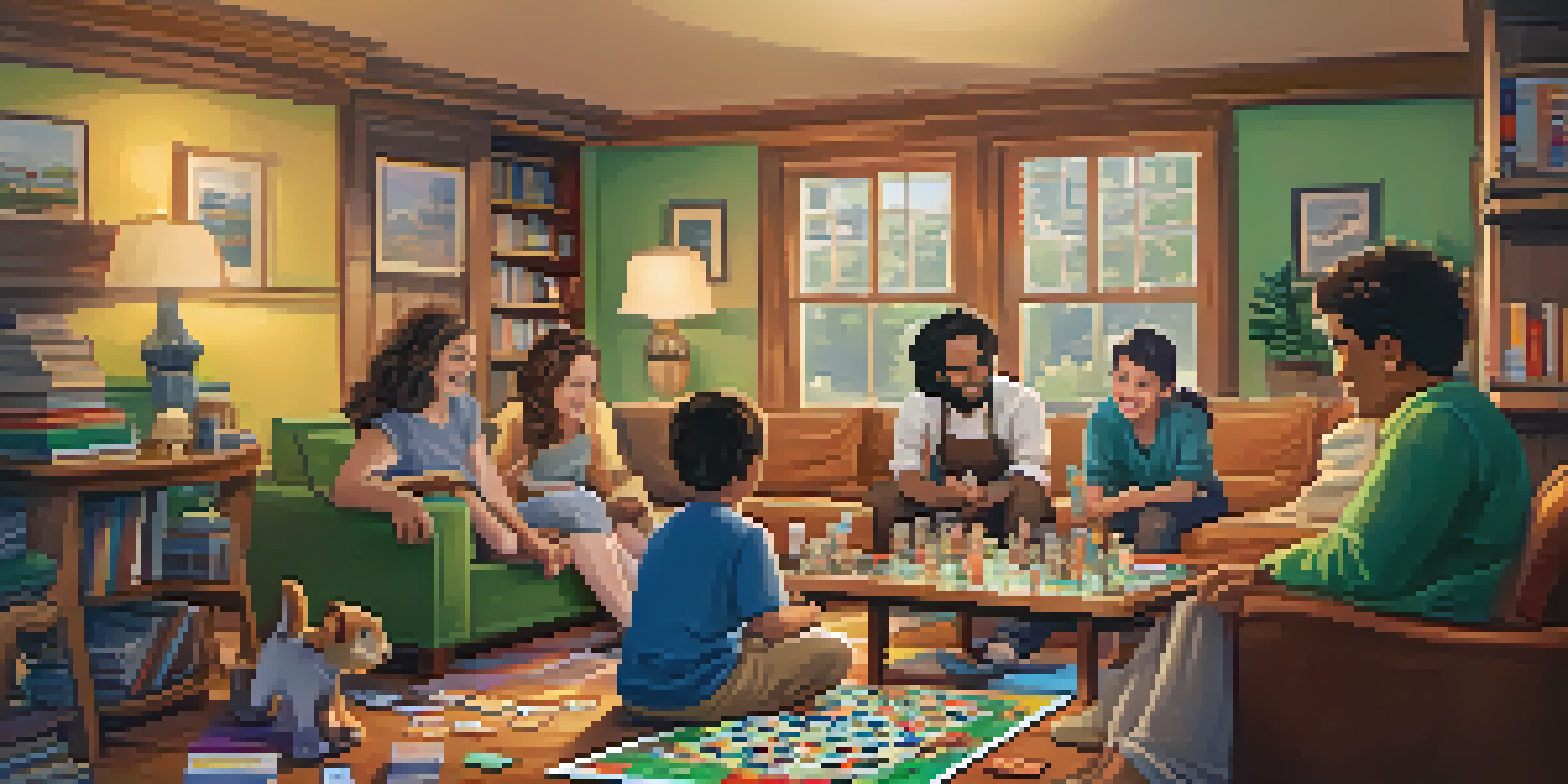 A family of various ages gathered around a table playing board games in a cozy living room, filled with laughter and warmth.