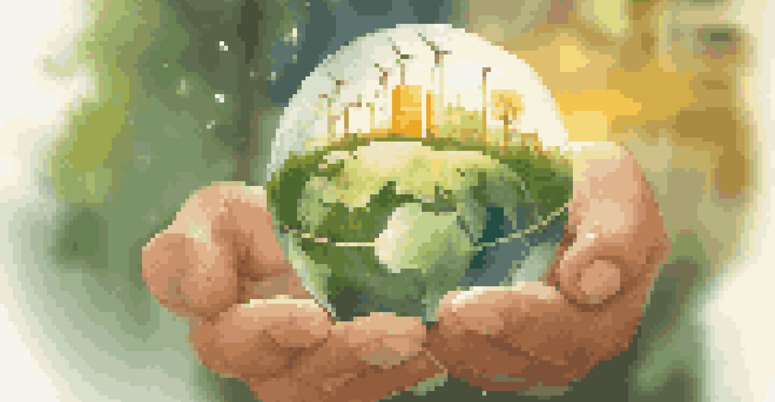 A hand holding a transparent globe filled with greenery, surrounded by eco-friendly icons, illuminated by warm light.