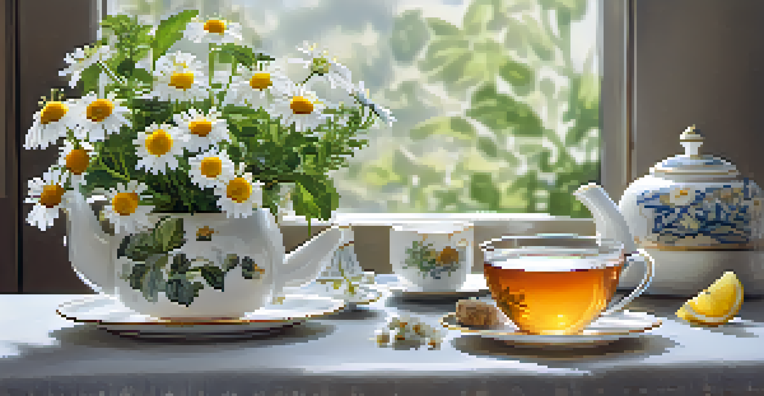 A beautiful display of peppermint, chamomile, and ginger for tea, arranged on a porcelain tea set with soft sunlight in the background.