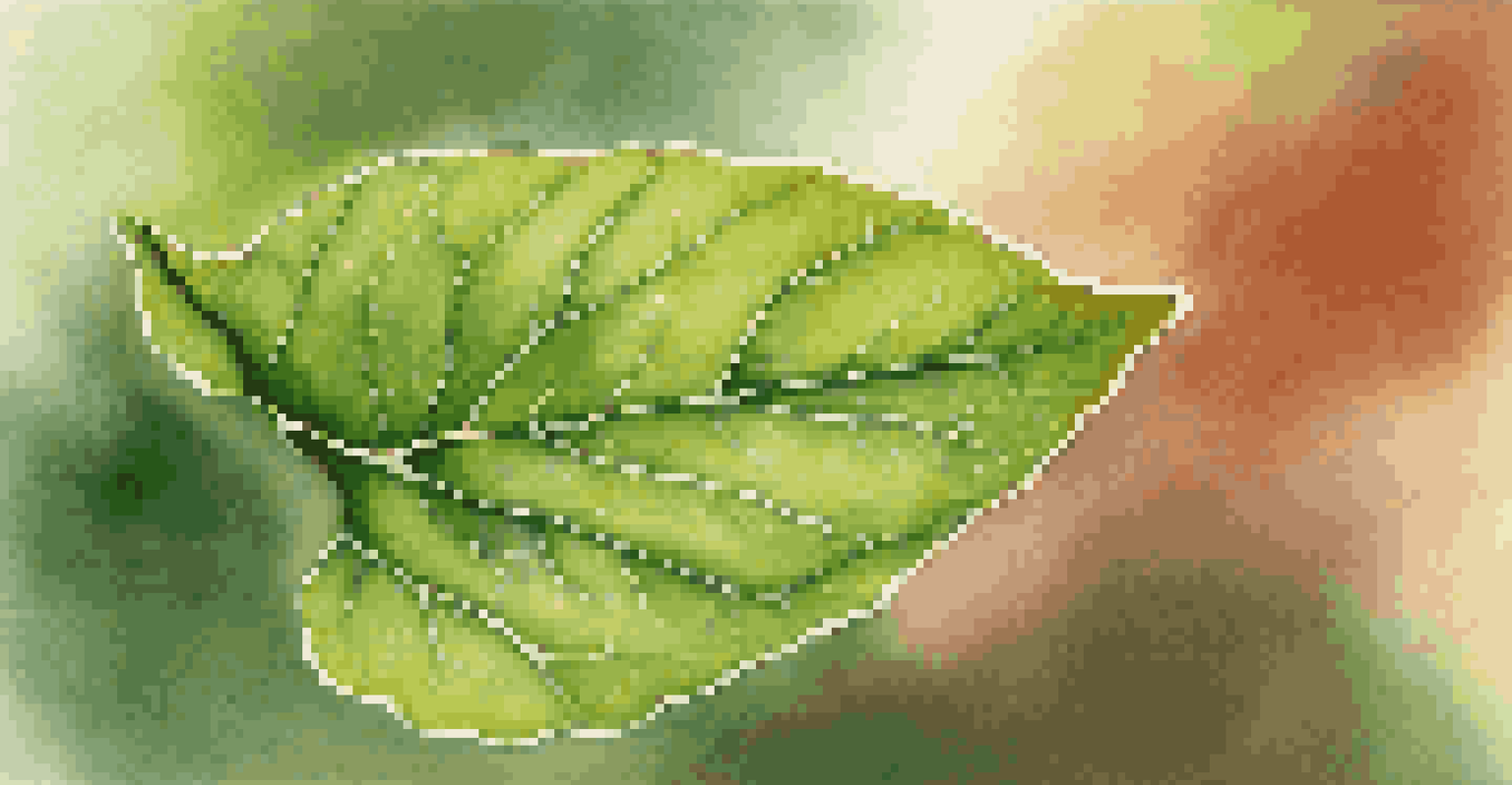 A close-up of a dew-covered bonsai leaf against a softly blurred garden background.