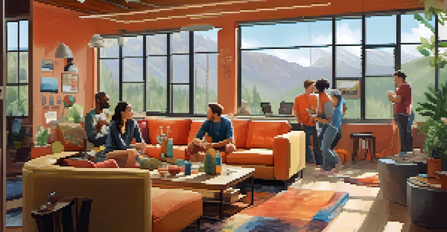 A group of climbers in a lounge area of a climbing gym, sharing laughs and enjoying smoothies together.