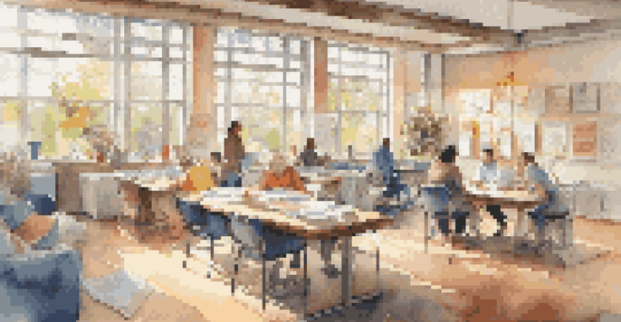 A bright and welcoming origami workspace with colorful paper, scissors, and markers on a large table, designed for inclusivity.