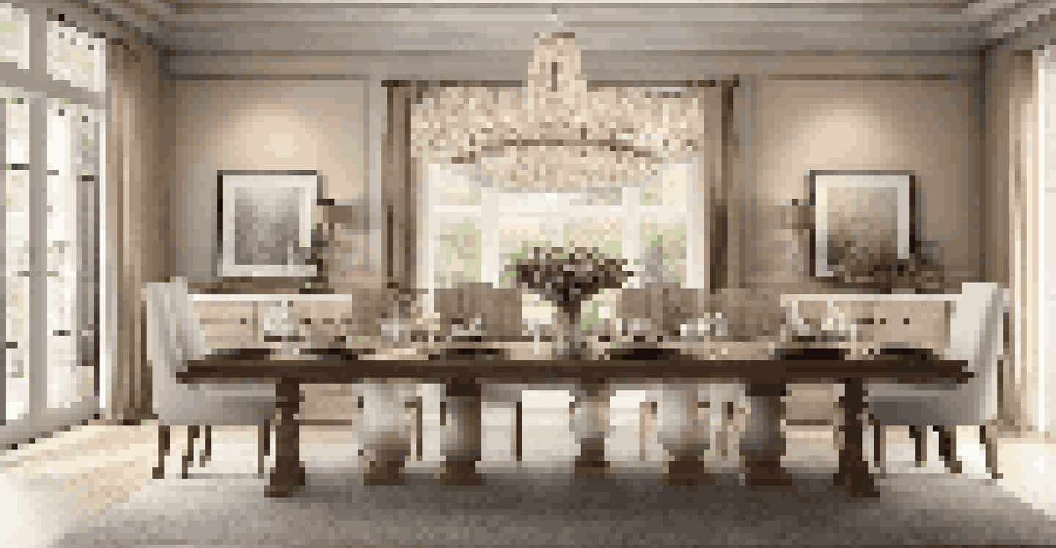 An elegant dining room with a chandelier above a wooden table, set with stylish dinnerware and warm lighting.